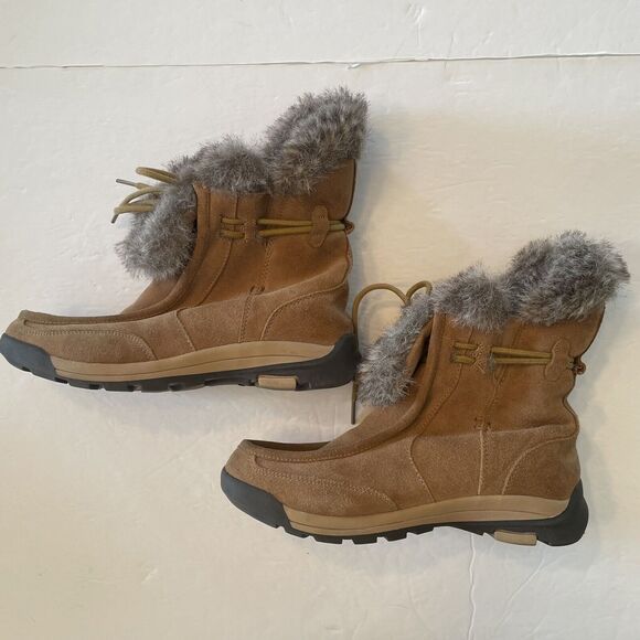 Lands' End Brown Suede Leather Faux Fur Winter Ankle Boots Womens 7.5B Moccasin - Picture 7 of 13